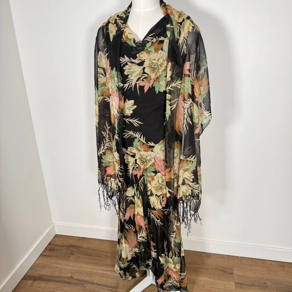 Vintage 90s Maxi Dress Floral Black Beaded Matching Scarf Fairy Feminine M - Picture 3 of 16